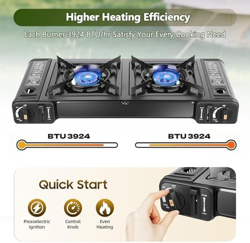 Double Burner Butane Stove, Butane Camping Stove Kit with Baking Pan and Carrying Case, Portable Camping Burner for RV, Apartments, Outdoor - Image 3