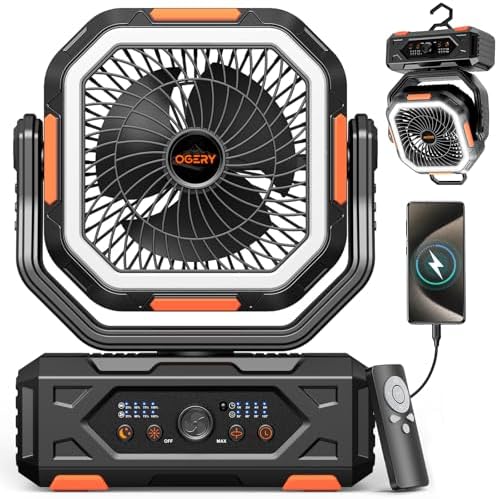 OGERY Portable Fan Rechargeable, 30000mAh Camping Fan for Tent, RV & Outdoor with Up to 322H Runtime, Battery Powered Fan with Remote, LED Lantern, Stepless Speed, Auto Oscillation, Camping Gear by OGERY