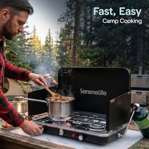 Camping Stove 2 Burner Propane Portable Camp Stove 24,400 BTU with Wind Guards Adjustable Burners Push Button Ignition Compact Outdoor Cooking for Camping Tailgating and Backyard - Image 4