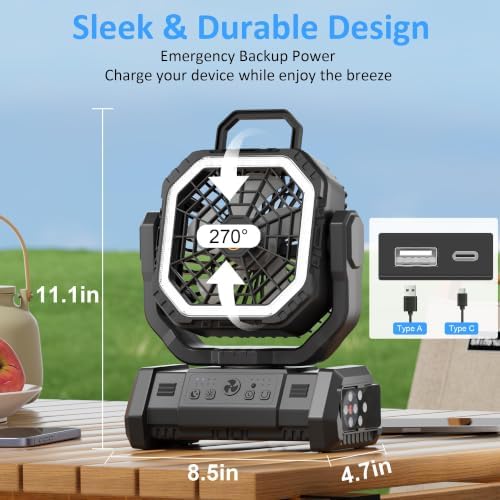 Honesorn 20000mAh Camping Fan Rechargeable with LED & Light Remote, Black - Image 6