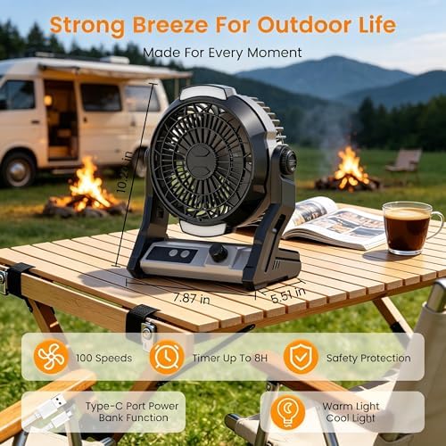 COWSAR Camping Fan Rechargeable, 10000mAh Battery, 100-Speed Adjustable, 3-in-1 Desk & Hanging Fan, Timer & Night Light, Outdoor USB Power Bank Fan for Tent Travel Bedroom Office - Image 2