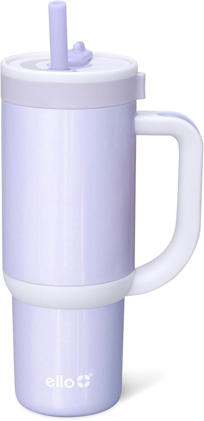 Ello Oasis 18oz Stainless Steel Kids Tumbler with Handle & Retracting Straw, 100% Leakproof, Double-Wall Vacuum Insulated, Kids Water Bottle for School, BPA Free, Dishwasher Safe, Purple Holographic by Ello