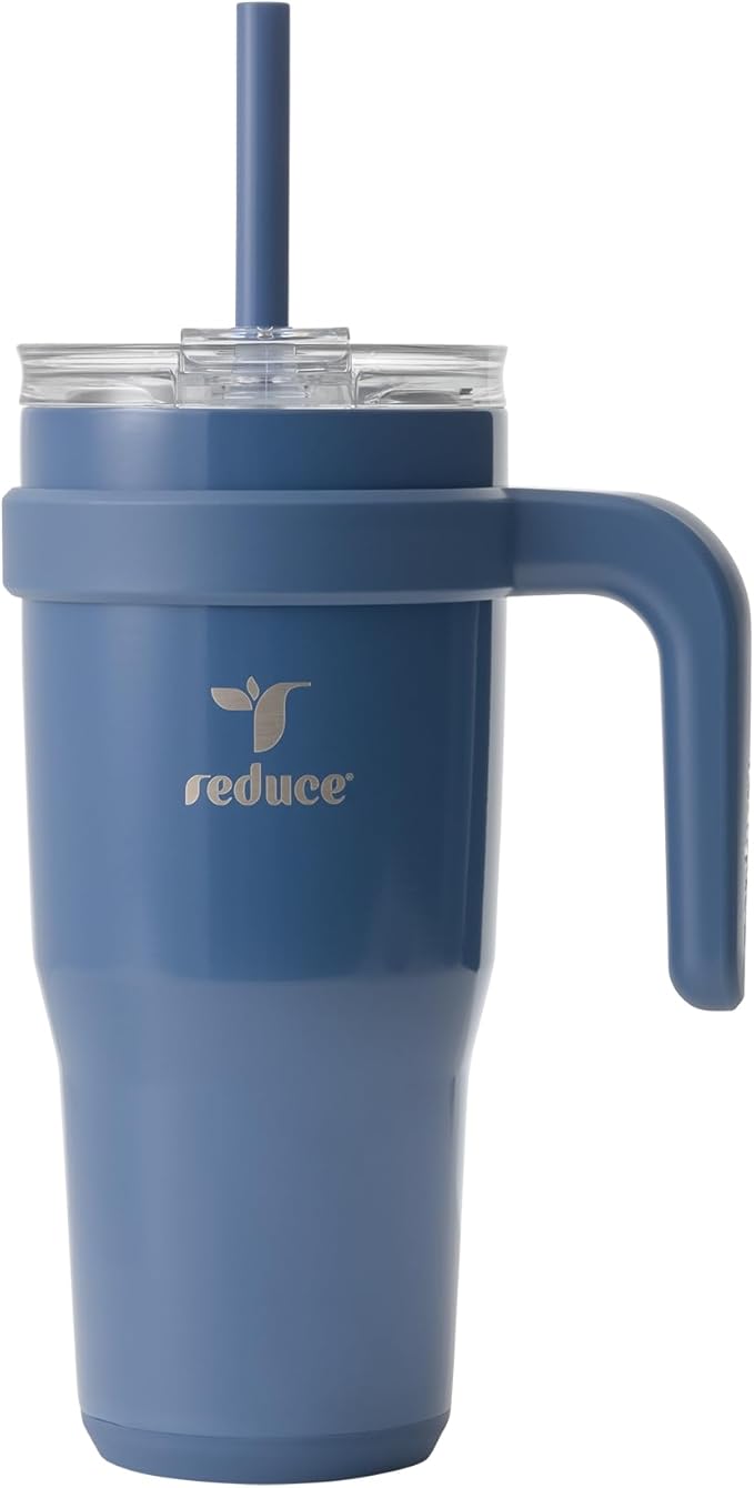 Reduce 24 oz Stainless Steel Tumbler with Handle - Dual-Wall Vacuum Insulated Travel Mug, Sweat-Proof Lid & Reusable Straw - Keeps Drinks Cold for 24 Hrs, Fits Cupholders, Dishwasher Safe-Mineral Blue by Reduce