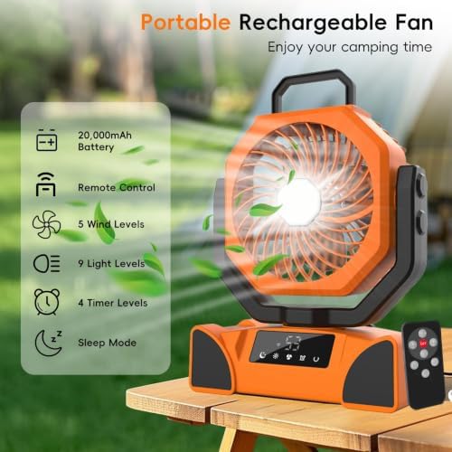 Portable Camping Fan, 20000mAh Rechargeable Battery Operated with LED Light - Image 2