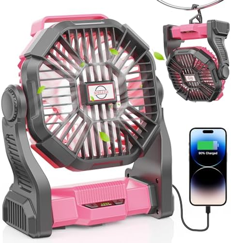 DOWILLDO 30000mAh Portable Battery Powered Camping Fan - with LED Light, Quiet Battery Operated, Camping Gear for Travel, Tent, Beach, Car or Hurricane Power Outages, Pink by DOWILLDO