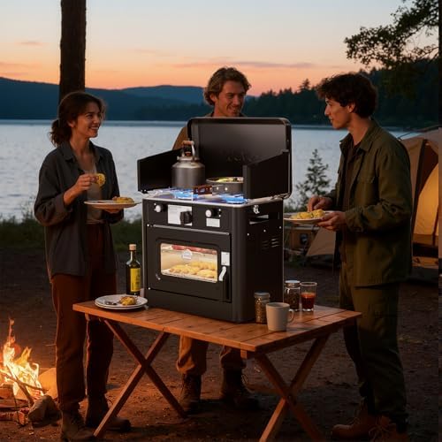 ROVSUN 2-in-1 Portable Camping Stove & Propane Oven with Piezo Igniter, 2 Burner Stove & Outdoor Oven with Adjustable Fire, Thermometer, Wind Panel & Regulator for Traveling, Tailgating (Black) - Image 7
