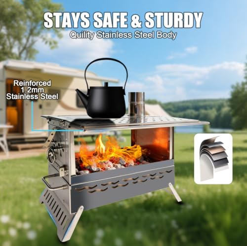 Camping Wood Burning Stove, Hot Tent Stove with Extra Baking Tray, Outdoor Stainless Steel Stove with 6 Chimney Pipes for Outdoor Camping, Cooking - Image 3