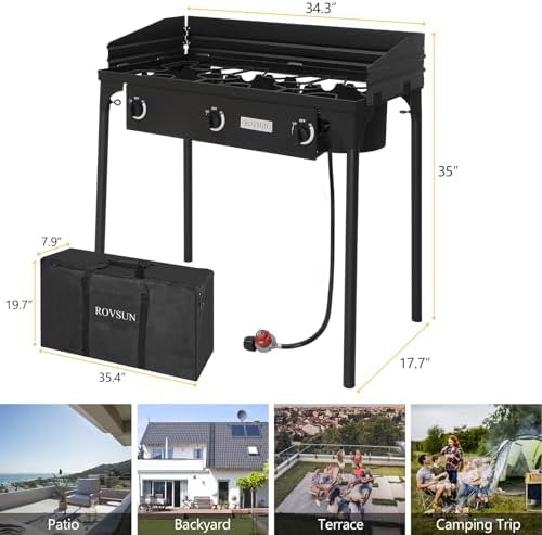 ROVSUN 3 Burner Outdoor Propane Gas Stove with Windpanel, Carrying Bag & Regulator, 225,000 BTU Stand Cooker for Backyard Cooking Camping Home Brewing Canning Turkey Frying - Image 6