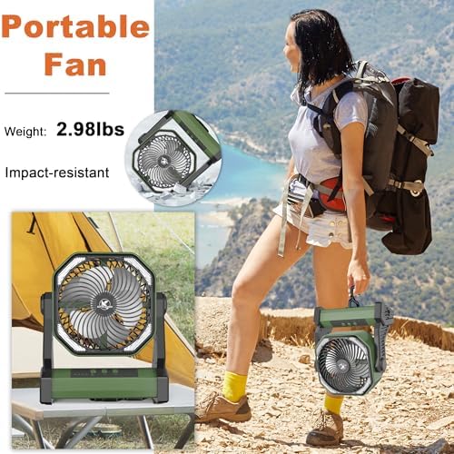 KITWLEMEN Battery Powered Camping Fan - 58H Max Cooling, Rechargeable Battery Operated Desk Fan with 4 Speeds, Bright Light & Hanging Hook, Portable for Tent Outdoor Hurricane Power Outage - Image 6
