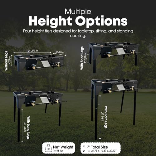 GasOne Double Propane Burner with Adjustable Height 4-Tier Removable Legs for Outdoor Cooking – High Pressure Camping Accessories Camp Stove – Cast Iron Portable Stove Top - Patent Pending - Image 3