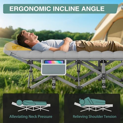 ZENPETIO Camping Cot for Adults - Heavy-Duty Cot Bed with Mattress, Portable Sleeping Cots for Outdoor Indoor, 1200D Oxford Folding Cots for Home Travel, Max Load 500LBS, Fits People up to 6'3", Gray - Image 2