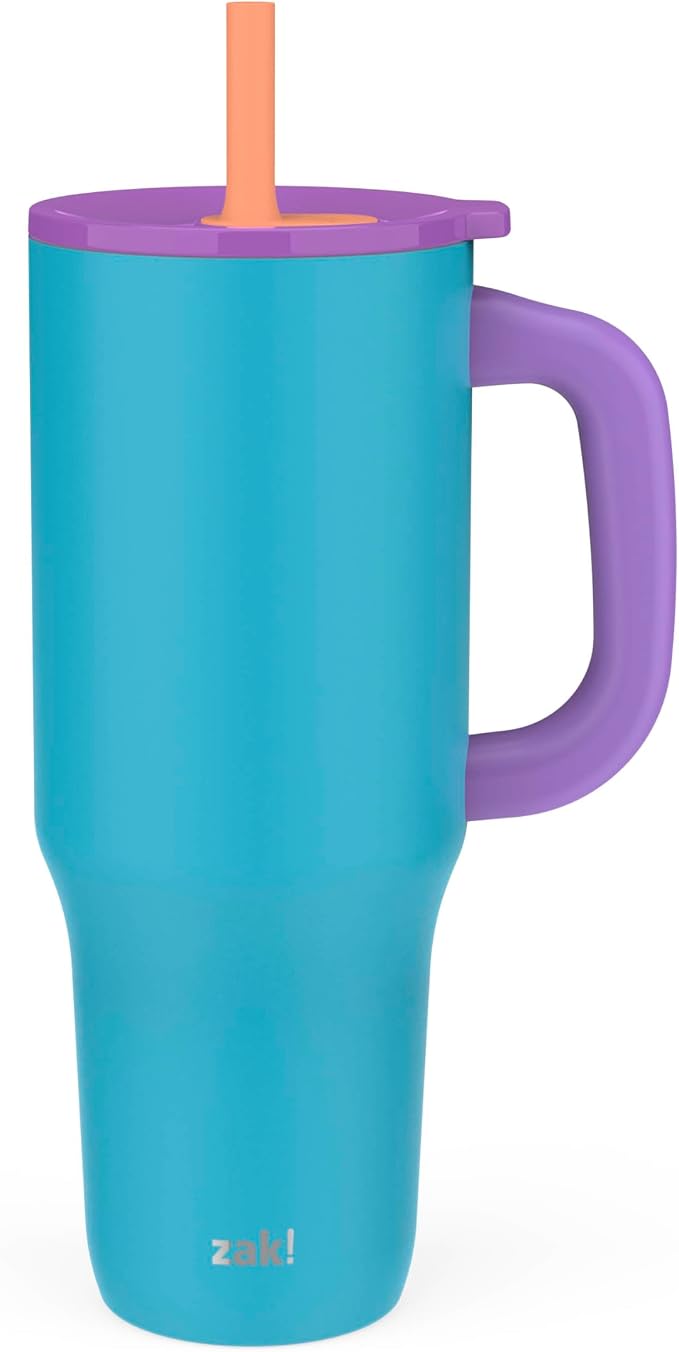 Zak Designs Sutton Travel Tumbler for On the Go, 40oz Stainless Steel with Vacuum Insulation, Silicone Straw, and Carry Handle for Cold Drinks (Turquoise) by ZakDesigns