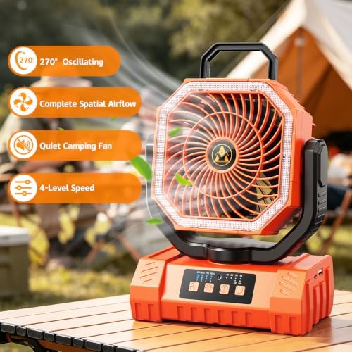 Camping Fan Rechargeable - 20000mAh Cordless Battery Powered Portable Fan with LED Lantern, Remote Auto Oscillating Wireless Fan USB Rechargeable Tent Fan for Travel Outdoor Cooling Car Home (Orange) - Image 7