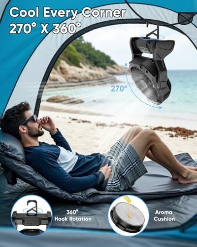 Portable Rechargeable Fan, 20000mAh Battery Powered Camping Fan with LED Light & Hook, 270° Adjustable, 4-Speed,4-Timer Camping Essentials for Outdoor Tent Travel BBQ Car, Gifts for Men Dad_Dark Black - Image 3