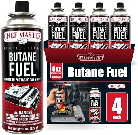 Chef Master Butane Fuel Canister, Camp Stove & Torch Refill, 8 oz, 4-Pack by ChefMasterProfessional