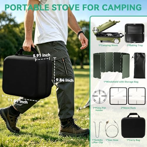 2 Burner Portable Camp Stove, 24000 BTU Propane Camping Stove with Windshield, Folding Gas Stove with Carry Bag, Compact Camping Essentials Gear for BBQ, Picnic, Outdoor Cooking, Grilling, Green - Image 6