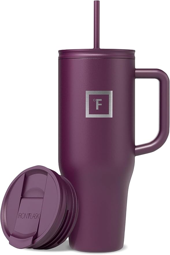 IRON °FLASK Co-Pilot Insulated Mug w/Straw & Flip Cap Lids - Cup Holder Bottle for Hot, Cold Drink - Leak-Proof - Water, Coffee Portable Travel Mug - Burgundy, 40 Oz by IronFlask
