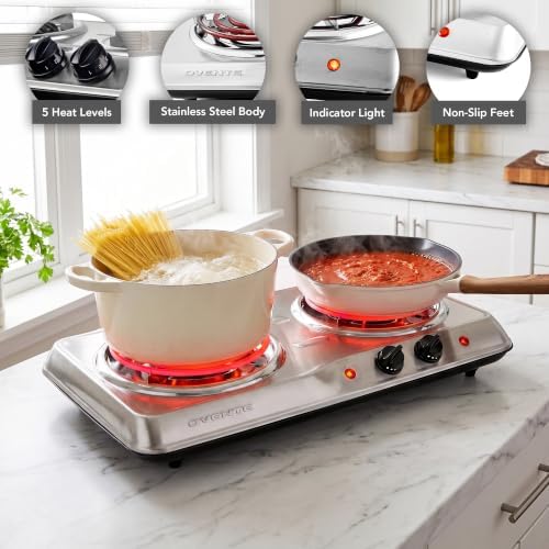 OVENTE Electric Double Burner, 1700W Coil Hot Plate, Silver BGC102S - Image 2
