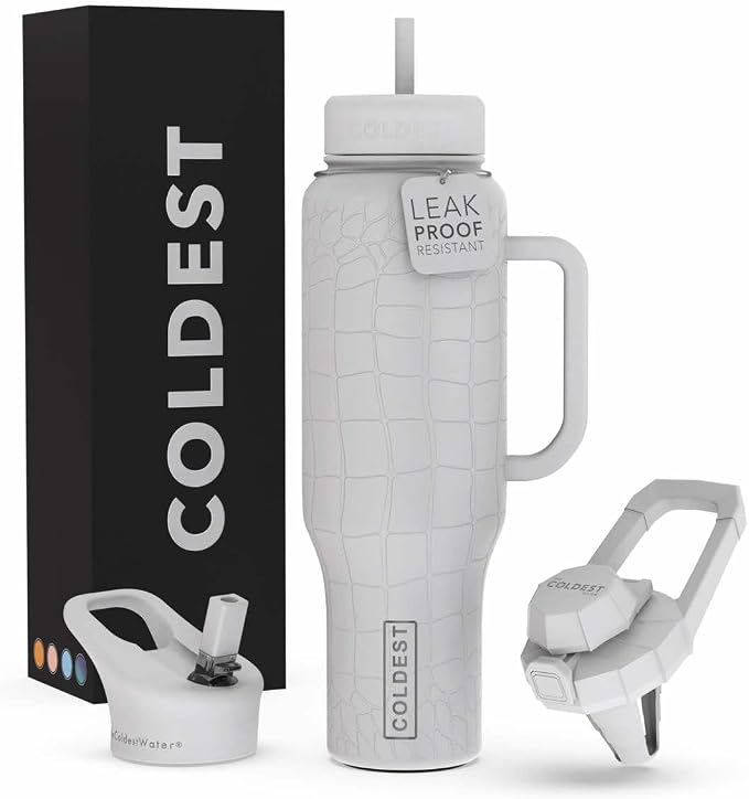 Coldest Tumbler with Handle and Straw - 100% Leak Proof Insulated Tumbler with Lid and Straw (3 Lids) - Stainless Steel Tumblers for Women & Men - Cup Holder Friendly Base, 46 oz (White Croc) by Coldest