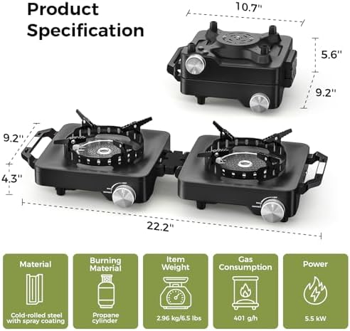 MoKo Propane Camping Stove 2 Burner, 36,000 BTU Infrared & Open Flame Hybrid, Windproof Folding Portable Outdoor Gas Cooking Kit with Frying Pan & Carry Bag For RV, Tailgating, Survival, Black - Image 6