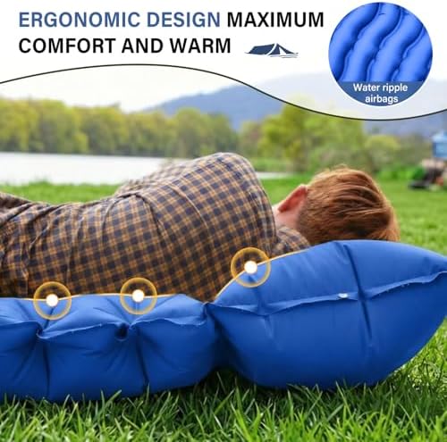 FUN PAC Camping Sleeping Pad with Pillow Built-in Foot Pump Inflatable Sleeping Mat Compact for Camping Backpacking Hiking Traveling - Blue - Image 2