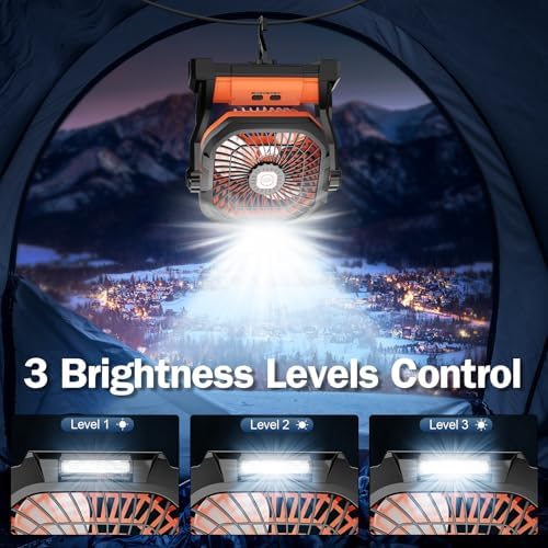 Camping Fan Rechargeable, 20000mAh Battery Powered Portable Fan with LED Light, 4-Speed 180° Adjustable, Camping Essentials for Tent, Travel, Car, Outdoor, Indoor, BBQ, Fishing, Jobsite - Orange - Image 4