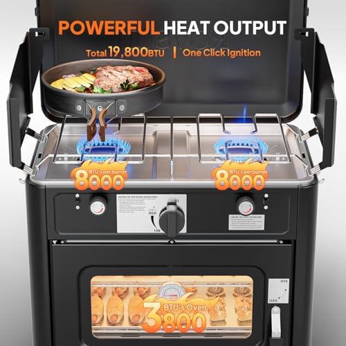 ROVSUN 2-in-1 Portable Camping Stove & Propane Oven with Piezo Igniter, 2 Burner Stove & Outdoor Oven with Adjustable Fire, Thermometer, Wind Panel & Regulator for Traveling, Tailgating (Black) - Image 2