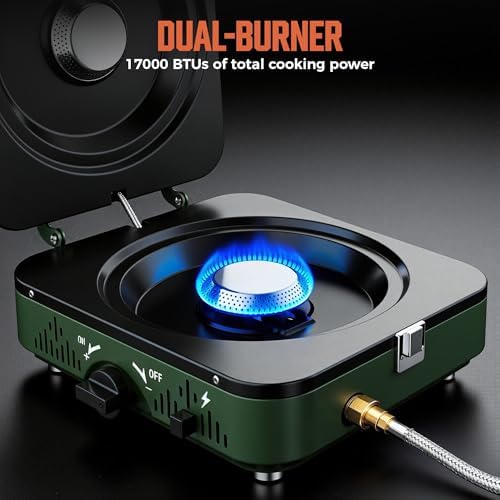 BIG HORN OUTDOORS 2 Burner Propane Camping Stove, Portable Camp Stove, Folding Gas Stove, Includes Frying Pan & Carry Bag for Camping, Emergency Use and Outdoor Cooking - Image 2