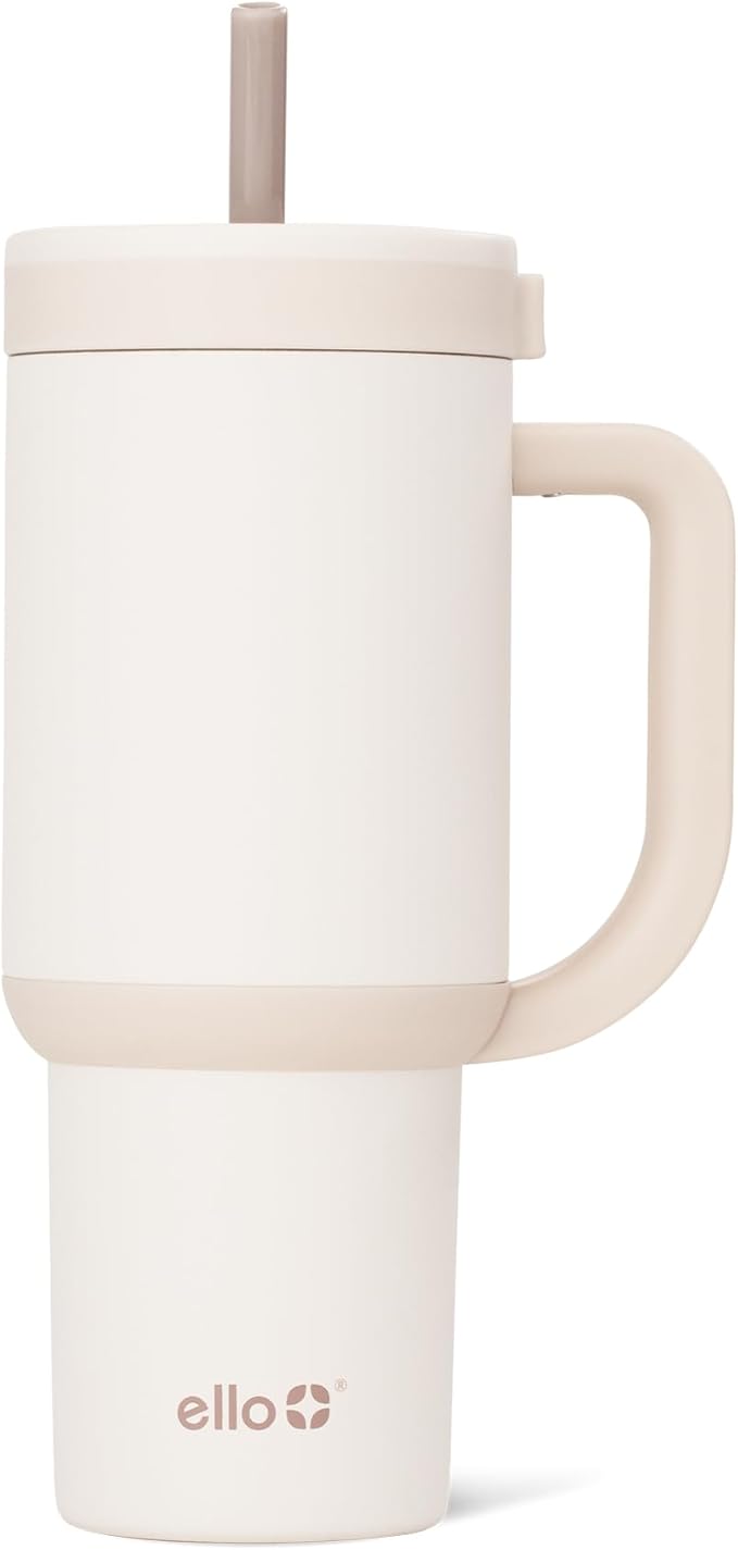 Ello Oasis 24 oz Tumbler with Handle & Retracting Straw | Reusable Insulated Stainless Steel Cup 100% Leakproof, Gifts for Teens Women Men | Keeps cold for 24 Hours, Cup Holder Friendly, Cream Tonal by Ello