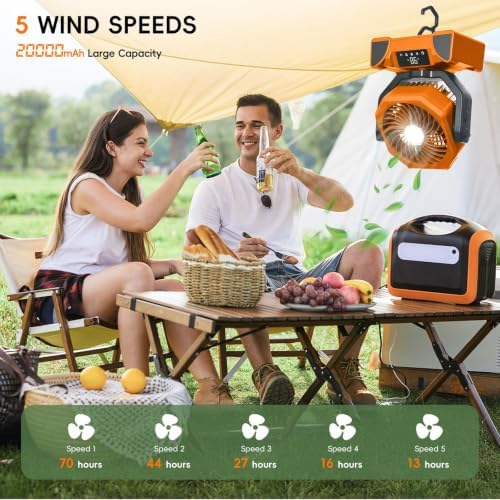 Portable Camping Fan, 20000mAh Rechargeable Battery Operated with LED Light - Image 3