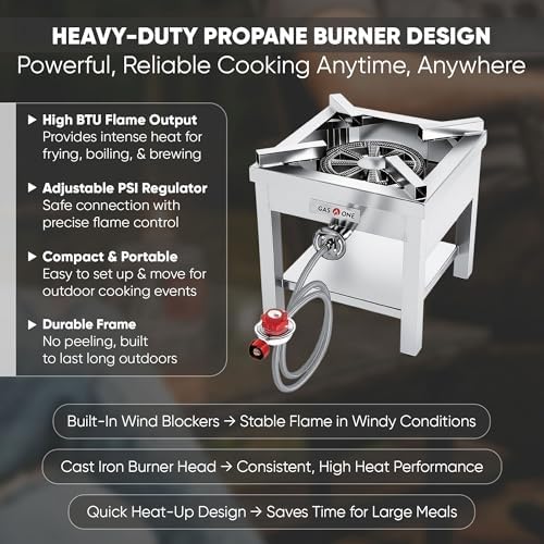 GasOne Stainless Steel Propane Burner Cooker With Regulator with Steel Braided Hose For Outdoor Cooking, Turkey Fry - Image 3