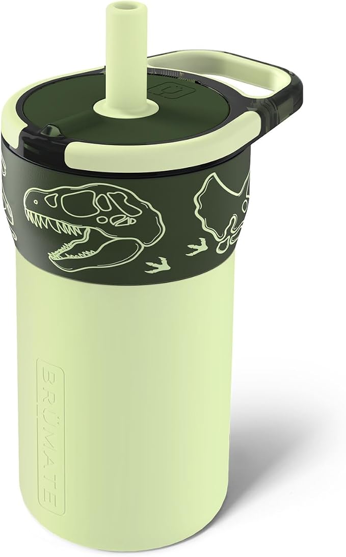 BrüMate Leap 12oz 100% Leakproof Kids Tumbler with Handle and Silicone Soft Straw | Drop Resistant Silicone Sleeve | For Kids 4+ | Insulated Stainless Steel | Cup Holder Friendly | 12oz (Dinos) by Br%C3%BCMate