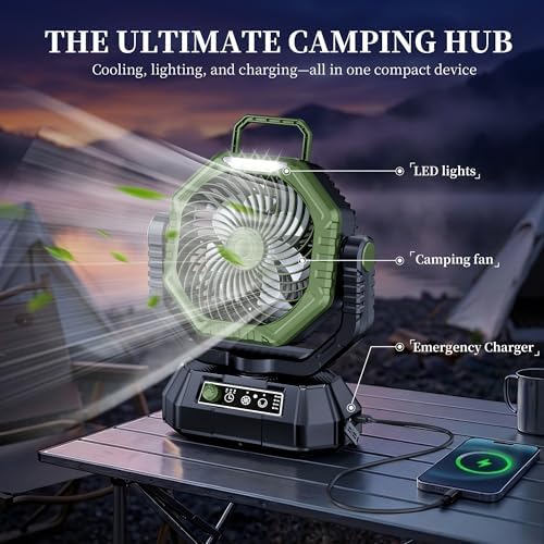 AJVV Camping Fan with Light, Remote and Oscillation, Battery Powered Hanging Tent Fan, Rechargeable Portable for Camp, Outdoor, Emergencies, Fishing, RV Travel, Jobsite - Image 2