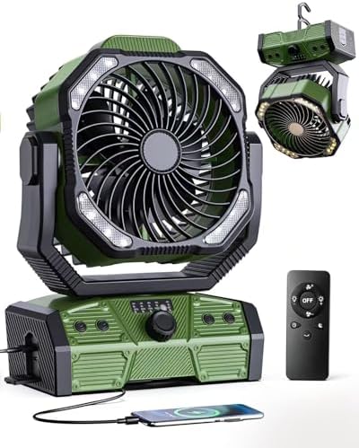 Camping Fan with Remote, 30000mAh Rechargeable Battery Operated Tent Fans with LED Light & Hook, Quiet USB-C Fan for Outdoor Camping, Power Outage, Car, Travel(Green) by minlebao