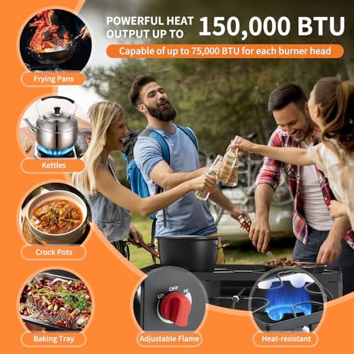 2 Burner Gas Stove, High Pressure Outdoor Propane Burner with Detachable Legs, 150,000 BTU Camping Stove Outdoor Burner with 0-20 PSI Regulator for Camping, Backyard, Outdoor Cooking - Image 3
