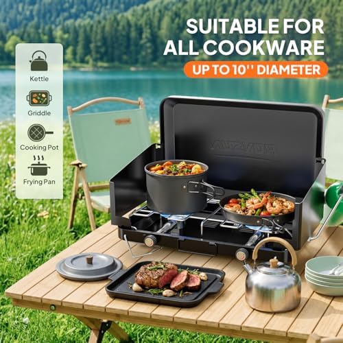 ROVSUN 2 Burner Portable Camping Stove with Adapter, 20000 BTU Tabletop Propane Camp Stove with Built-in Handle & Foldable Wind Panel for Outdoor Camping, Tailgating, Grilling - Image 5