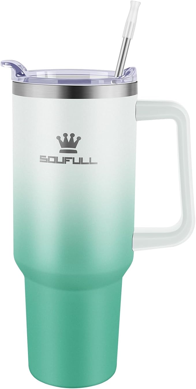 40 oz Tumbler with Handle and Straw Lid, 100% Leak-proof Travel Coffee Mug, Stainless Steel Insulated Cup for Hot Cold Beverages, Keeps Cold for 34Hrs or Hot for 10Hrs, Dishwasher Safe (WhiteGreen) - Image 2