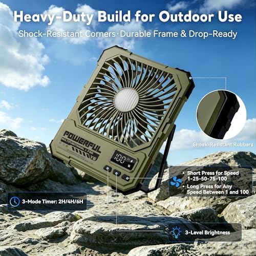 Portable Fan, Camping Fan, 20000mAh 6-Inch 18-85H Rechargeable Ultra Thin Foldable with Built-in Power Bank, LED Light, Remote Control, Hook for Outdoor Camping Tent RV Travel (Green) - Image 6