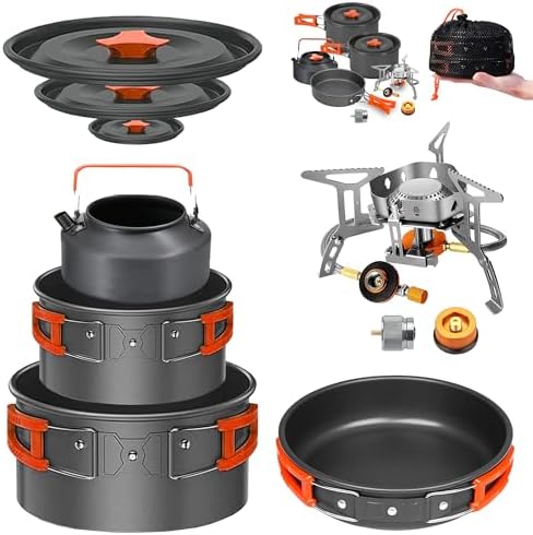 Smokey Camp Camping Cookware Mess Kit Set with Stove - Backpacking Camping Pots and Pans Set, All in One Non-Stick Camping Cooking Set, Portable Stove, Hiking, Picnic, Outdoor & Camping Cookware Set by SmokeyCamp