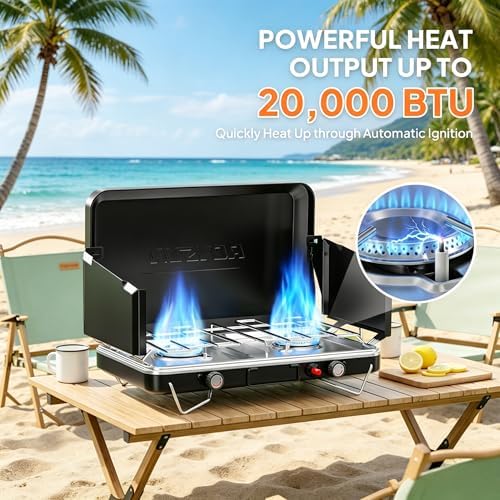 ROVSUN 20000 BTU Propane Camping Stove with Igniter, 2 Burner Portable Camp Stove with Adapter, Built-in Handle & Foldable Wind Panel for Outdoor Camping, Tailgating, Grilling - Image 3