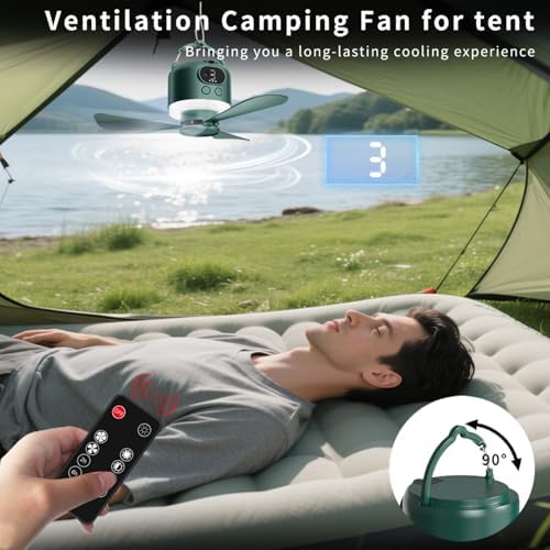 11" Tent Fan with Light & Remote, Camping Ceiling Fan with 10040mAh Rechargeable Battery, Portable Hanging Fan for Tent, RV, Canopy, Outdoor Camping (Green, Centimeters, 28.9) - Image 3