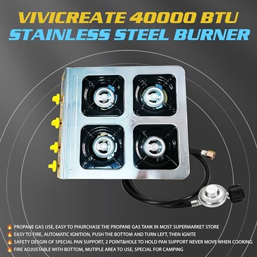 Vivicreate 4 Burner Propane Gas Stove 40000 BTU Stainless Steel Cooktop with Enamel Pan Support Electronic Ignition for Camping Outdoor Cooking BBQ Fogón de Estufa de Gas Portátil - Image 6