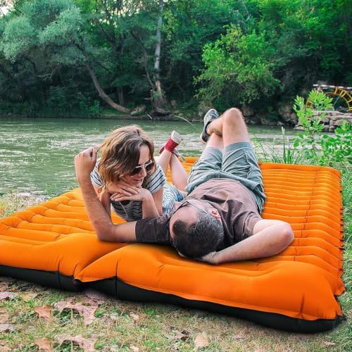 Yuzonc Double Sleeping Pad for Camping, 4" Extra Thick Self-Inflating Air Mattress - 2 Person Inflatable Camping Mat with Built-in Foot Pump & Pillow, Backpacking Hiking Tent Travel-Orange - Image 2