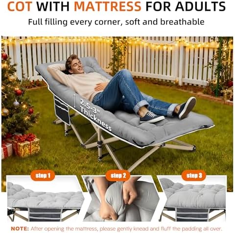 Fragess Portable Camping Cot, 600LBS Max Load, Extra Wide with Thick Mattress, Folding Cot for Outdoor Camping/Office, Home Nap (Grey) - Image 2