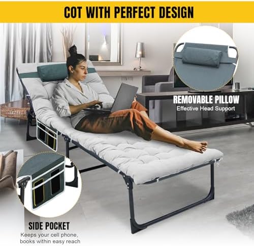 YELLOW JACKET Folding Camping Cot for Adults Adjustable 5-Position Portable Sleeping Cot Bed with Pillow and Removable Mattress Reclining Foldable Camp Cots for Outdoor,Home,Beach,Patio,Grey - Image 5
