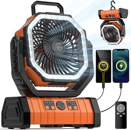 Camping Fan - 20000mAh Battery Powered Fan Rechargeable with LED Lantern - Portable Outdoor Tent Fans with Hanging Hook 4 Speeds Wind Remote Control, Black and Orange by VOSFEEL