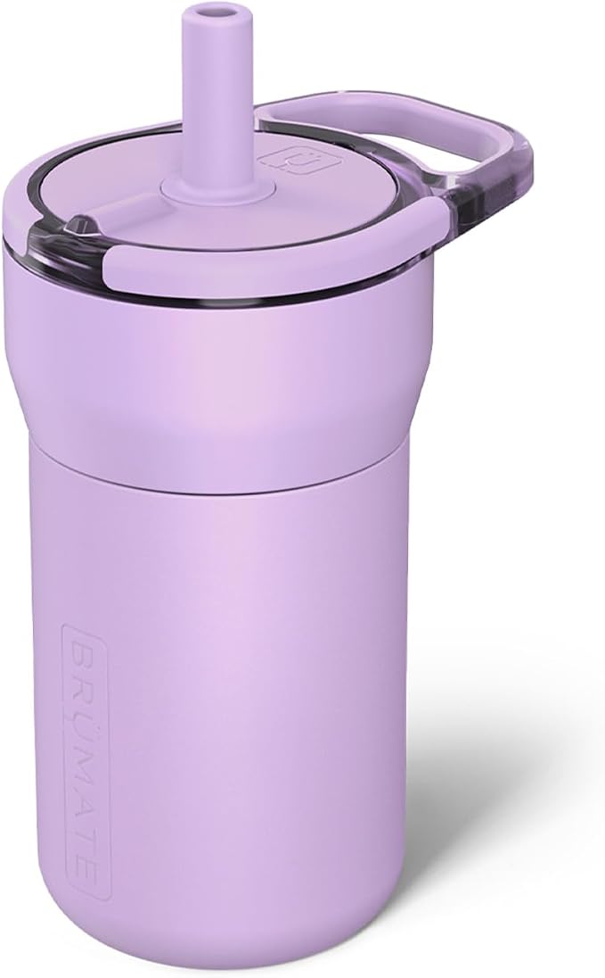 BrüMate Leap 12oz 100% Leakproof Kids Tumbler with Handle and Silicone Soft Straw | Durable Drop Resistant Silicone Sleeve | Made of Insulated Stainless Steel | Cup Holder Friendly | 12oz (Lavender) by Br%C3%BCMate