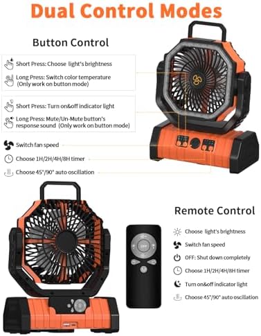 ADUST Camping Fan Battery Powered 20000mAh Outdoor Tent Fans - Orange - Image 5