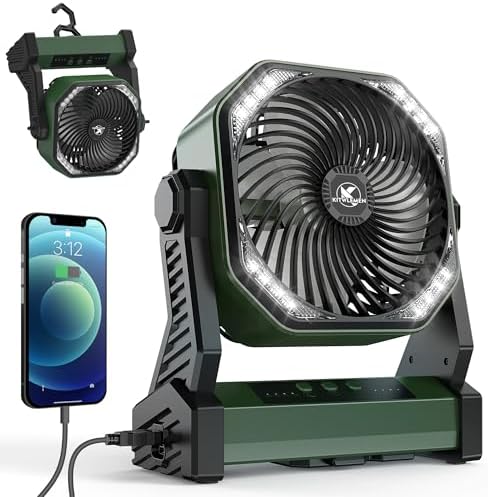 KITWLEMEN Battery Powered Camping Fan - 58H Max Cooling, Rechargeable Battery Operated Desk Fan with 4 Speeds, Bright Light & Hanging Hook, Portable for Tent Outdoor Hurricane Power Outage by KITWLEMEN
