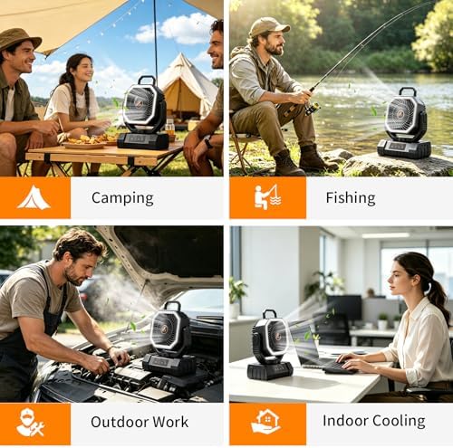 Camping Fan Rechargeable - 20000mAh Cordless Battery Powered Portable Fan with LED Lantern, Remote Auto Oscillating Wireless Fan USB Rechargeable Tent Fan for Travel Outdoor Cooling Car Home (Black) - Image 6